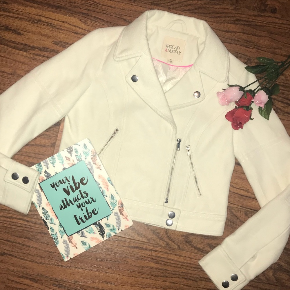 Sold Moto Jacket Wool-like Coat Cream White 1/2 Zip Up